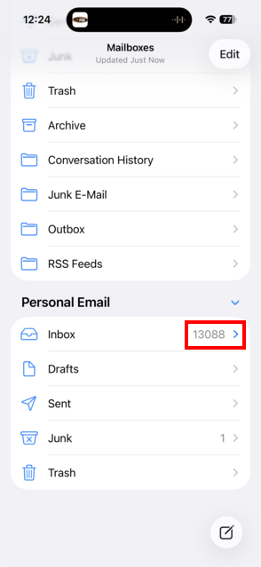 Apple Mail Mailboxes screen with the sub-folders hidden; a red box highlights the small arrow to the right of the Inbox, next to the message count.